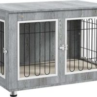 PawHut Hondenkooi, hondenhok, huisdierkooi met kussen, 2 vergrendelingen voor middelgrote honden, hondenbox met dubbele deuren, hondenhuis, grijs, 90 x 58 x 65 cm