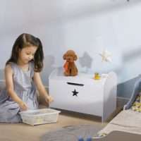 Speelgoedkist van hout, zitbank voor kinderen, zitkist, opbergdoos voor kinderkamerspeelkist voor kinderen, veiligheidsscharnier, wit, 62 x 40 x 46,5 cm