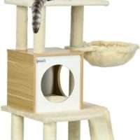 Krabpaal van hout, 141,5 cm, sisal kattenboom met kattenhuis, hangbed, klimboom met 2 platforms
